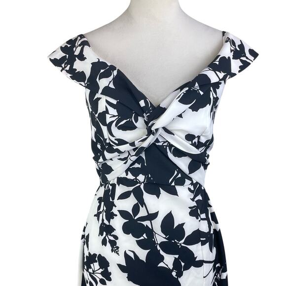 Bardot Black & White Floral Print Off the Shoulder Side Slit Midi Cocktail Dress - Picture 4 of 11